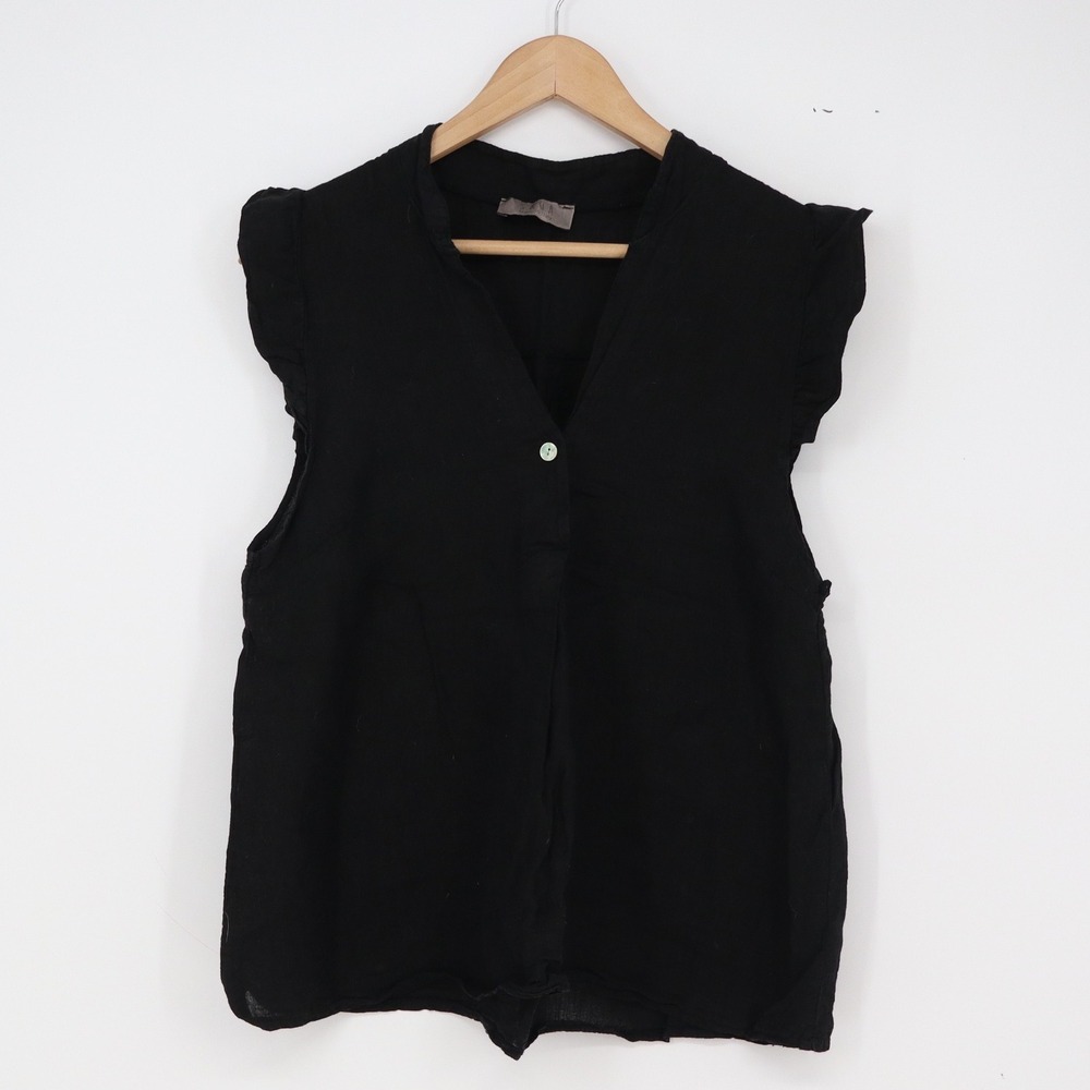 Saga Linen Top Womens S Black Ruffle Shoulder Made in Italy Excellent